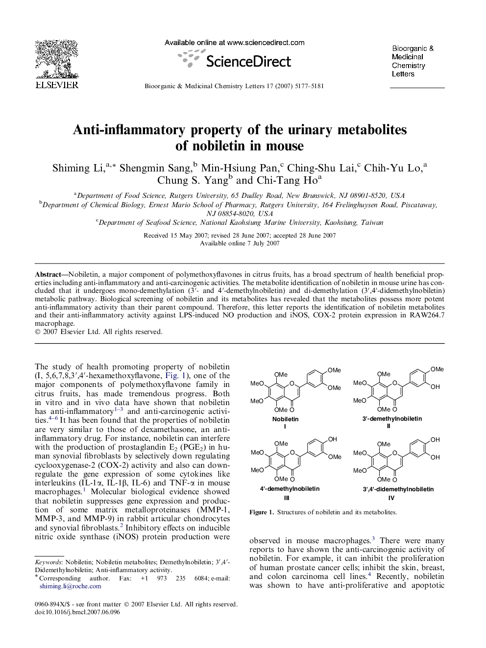 Anti-inflammatory property of the urinary metabolites of nobiletin in mouse