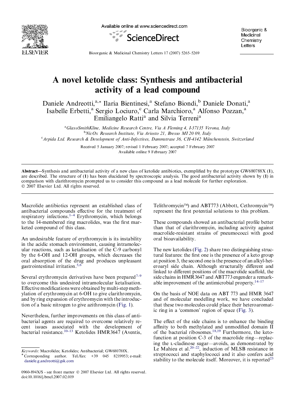 A novel ketolide class: Synthesis and antibacterial activity of a lead compound