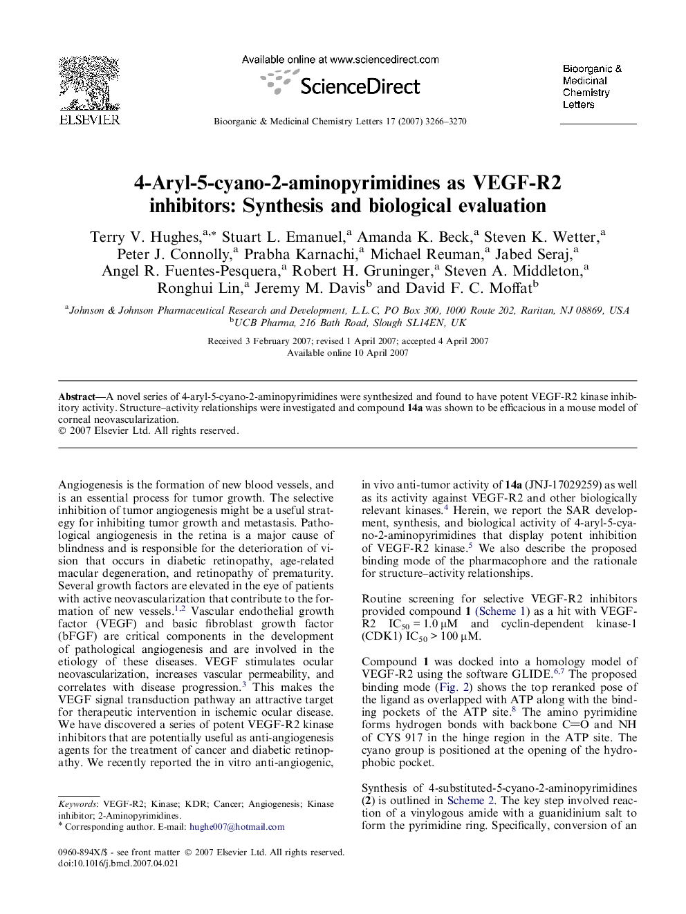 4-Aryl-5-cyano-2-aminopyrimidines as VEGF-R2 inhibitors: Synthesis and biological evaluation