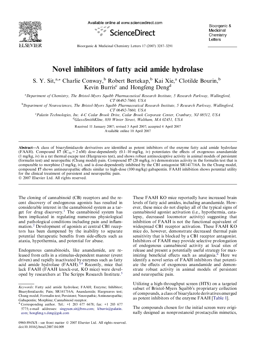 Novel inhibitors of fatty acid amide hydrolase