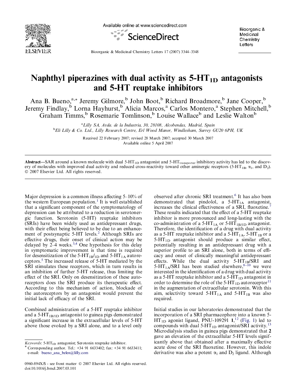 Naphthyl piperazines with dual activity as 5-HT1D antagonists and 5-HT reuptake inhibitors