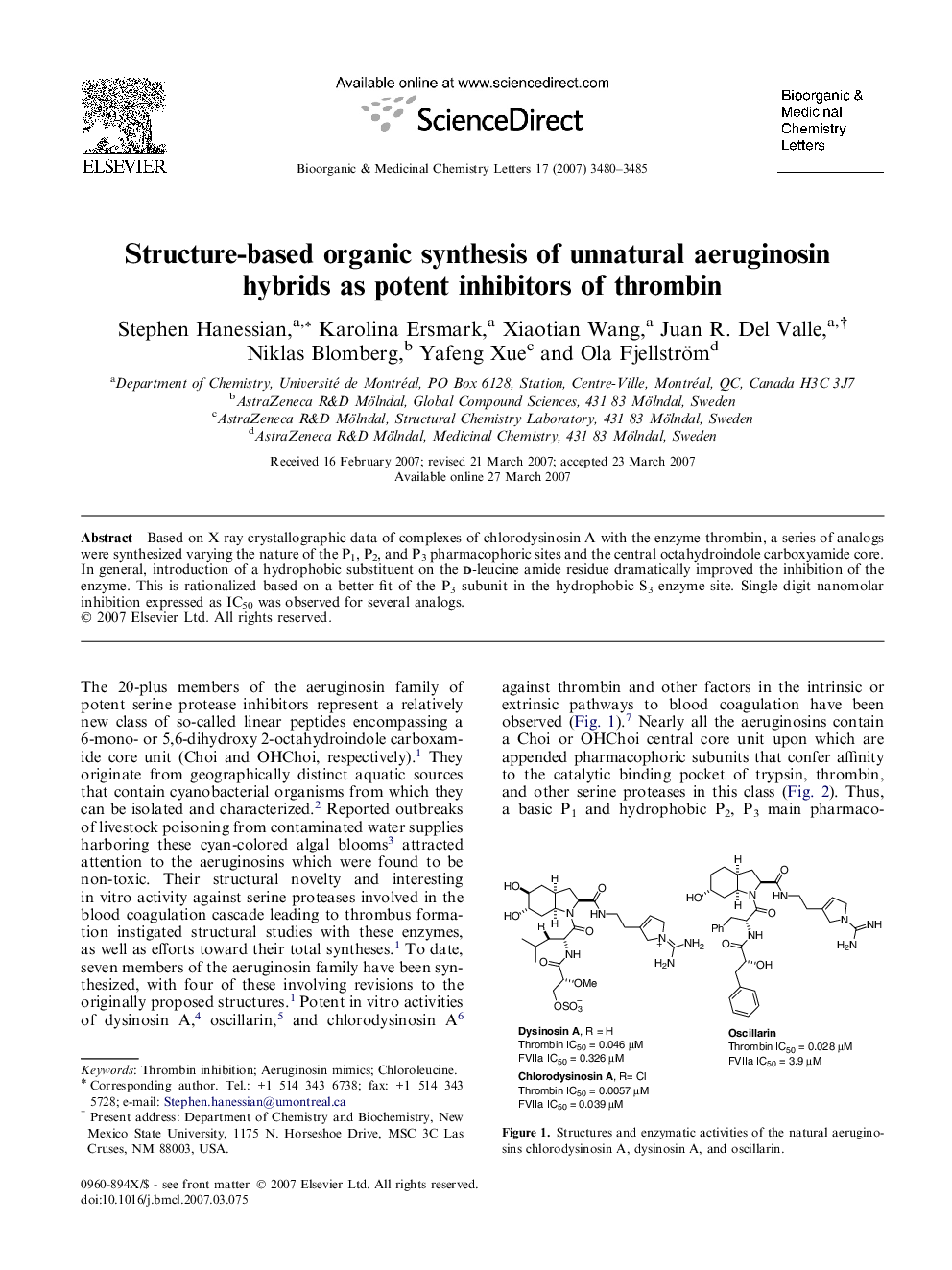 Structure-based organic synthesis of unnatural aeruginosin hybrids as potent inhibitors of thrombin