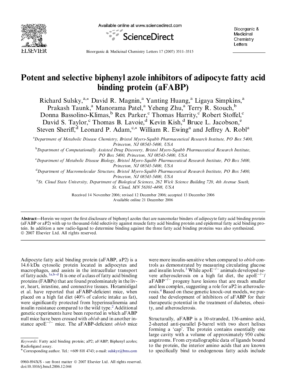 Potent and selective biphenyl azole inhibitors of adipocyte fatty acid binding protein (aFABP)