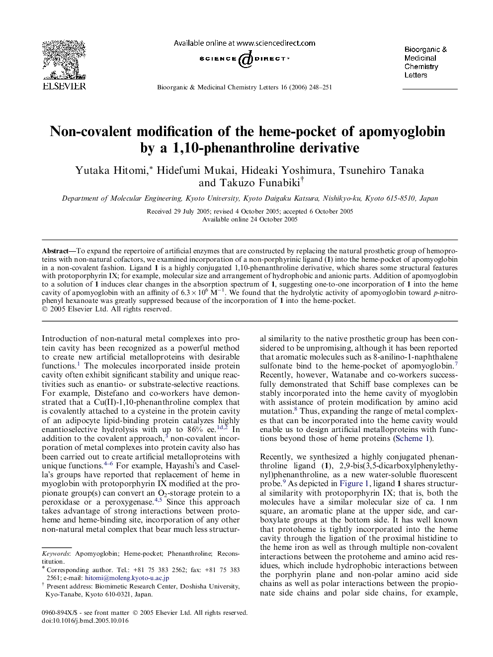 Non-covalent modification of the heme-pocket of apomyoglobin by a 1,10-phenanthroline derivative