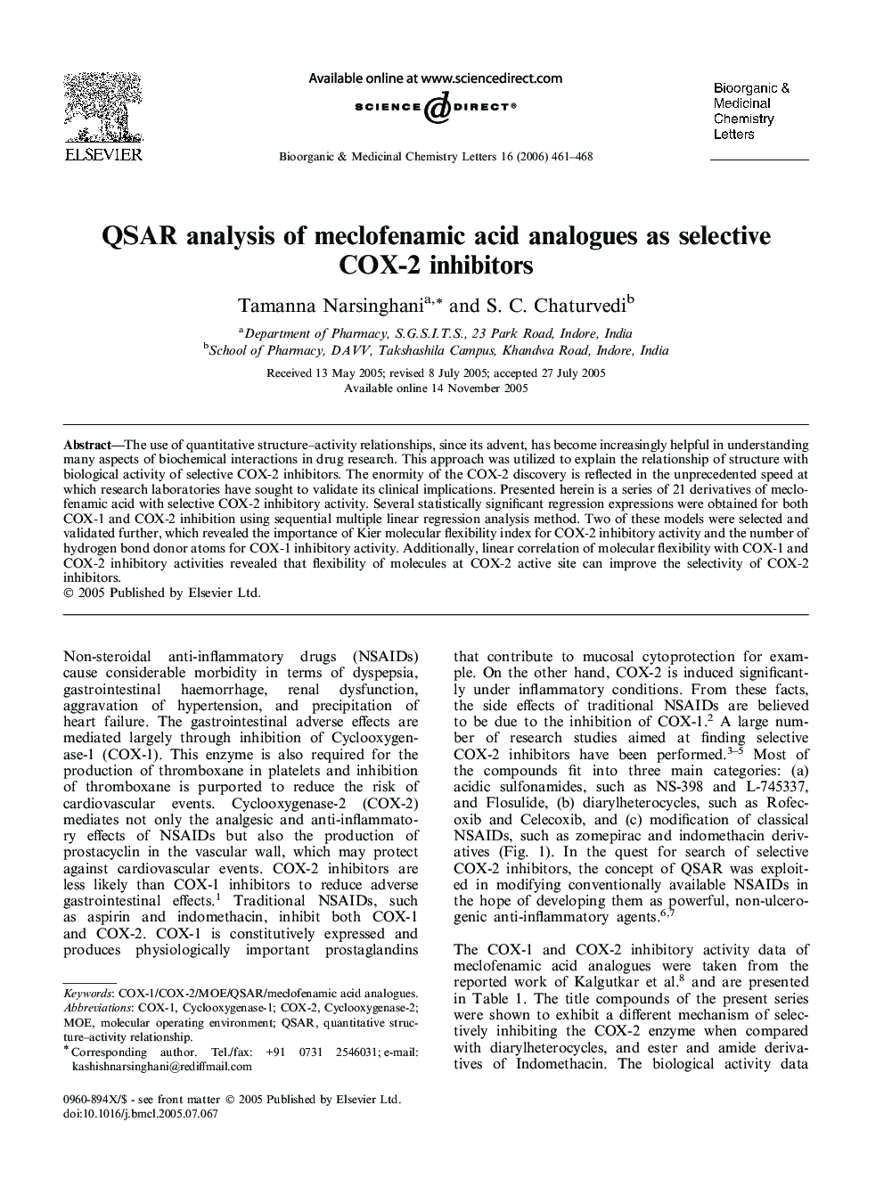 QSAR analysis of meclofenamic acid analogues as selective COX-2 inhibitors