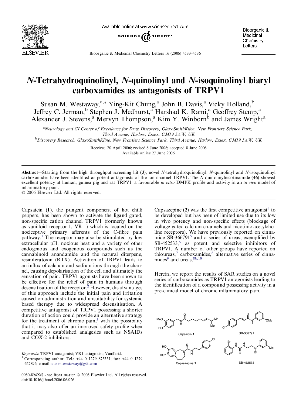 N-Tetrahydroquinolinyl, N-quinolinyl and N-isoquinolinyl biaryl carboxamides as antagonists of TRPV1