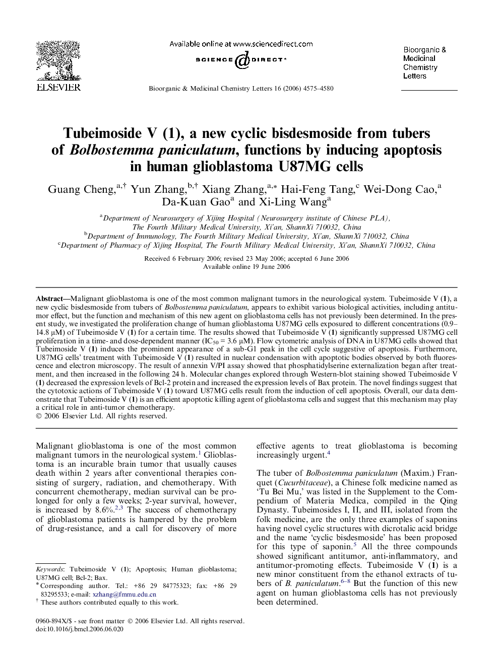 Tubeimoside V (1), a new cyclic bisdesmoside from tubers of Bolbostemma paniculatum, functions by inducing apoptosis in human glioblastoma U87MG cells