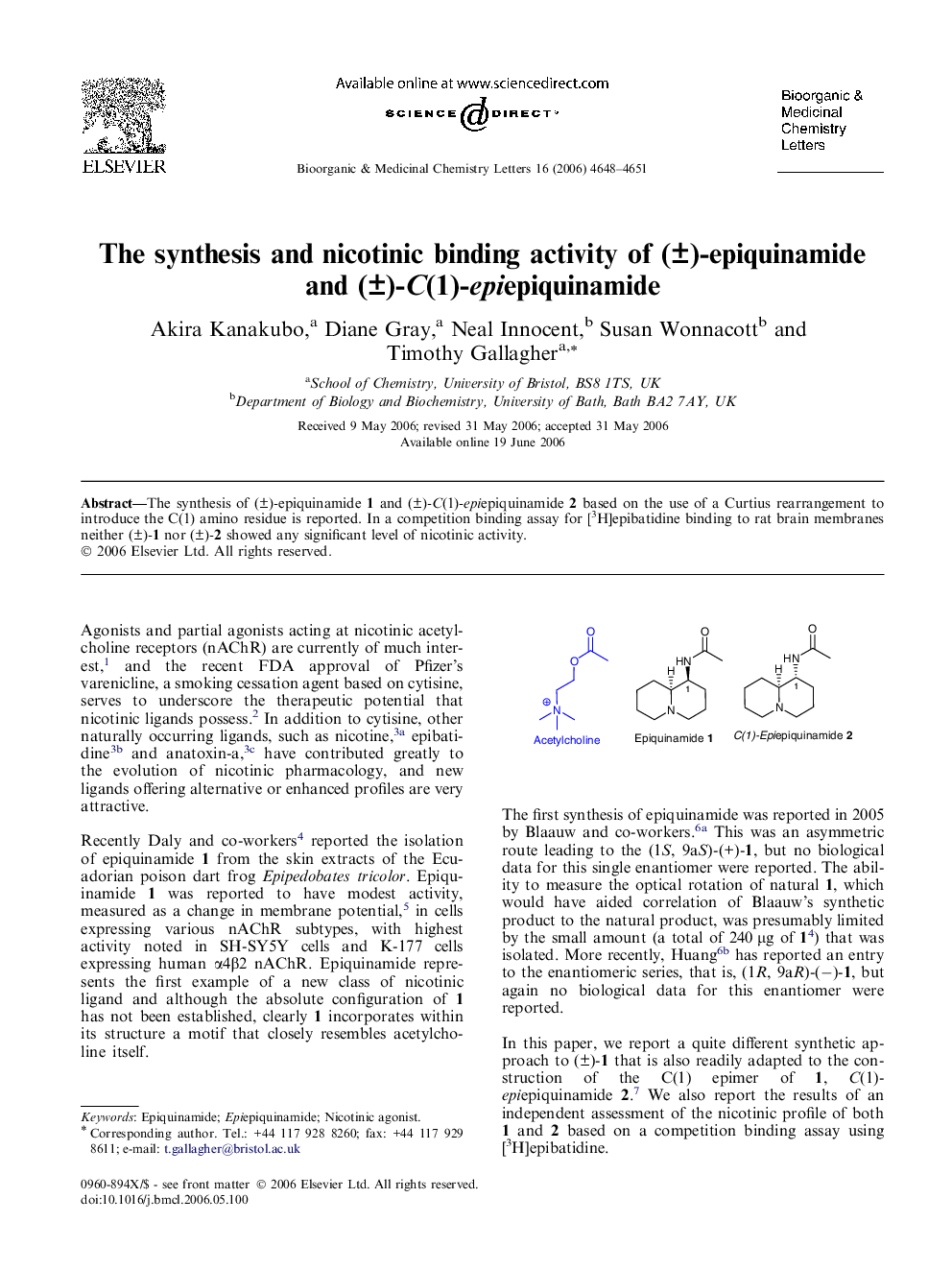 The synthesis and nicotinic binding activity of (±)-epiquinamide and (±)-C(1)-epiepiquinamide