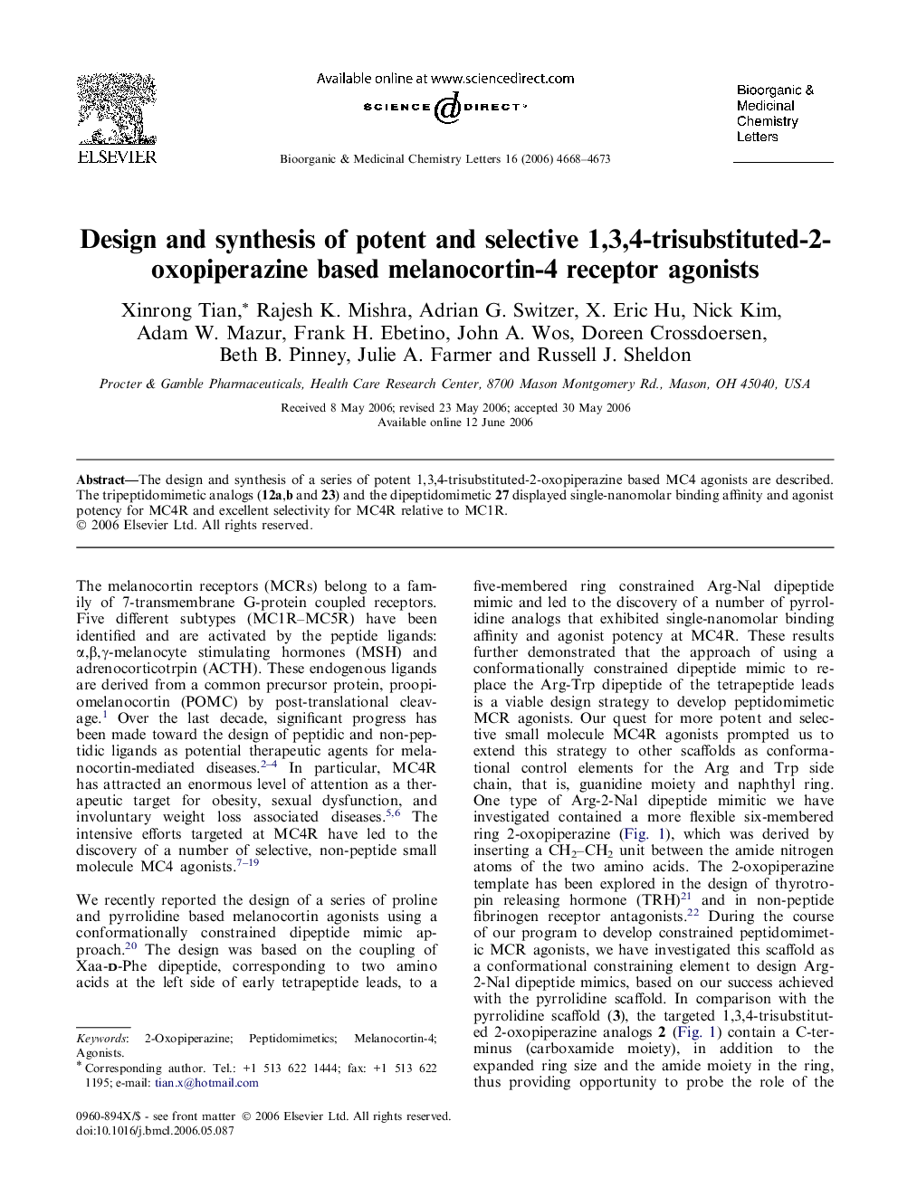 Design and synthesis of potent and selective 1,3,4-trisubstituted-2-oxopiperazine based melanocortin-4 receptor agonists