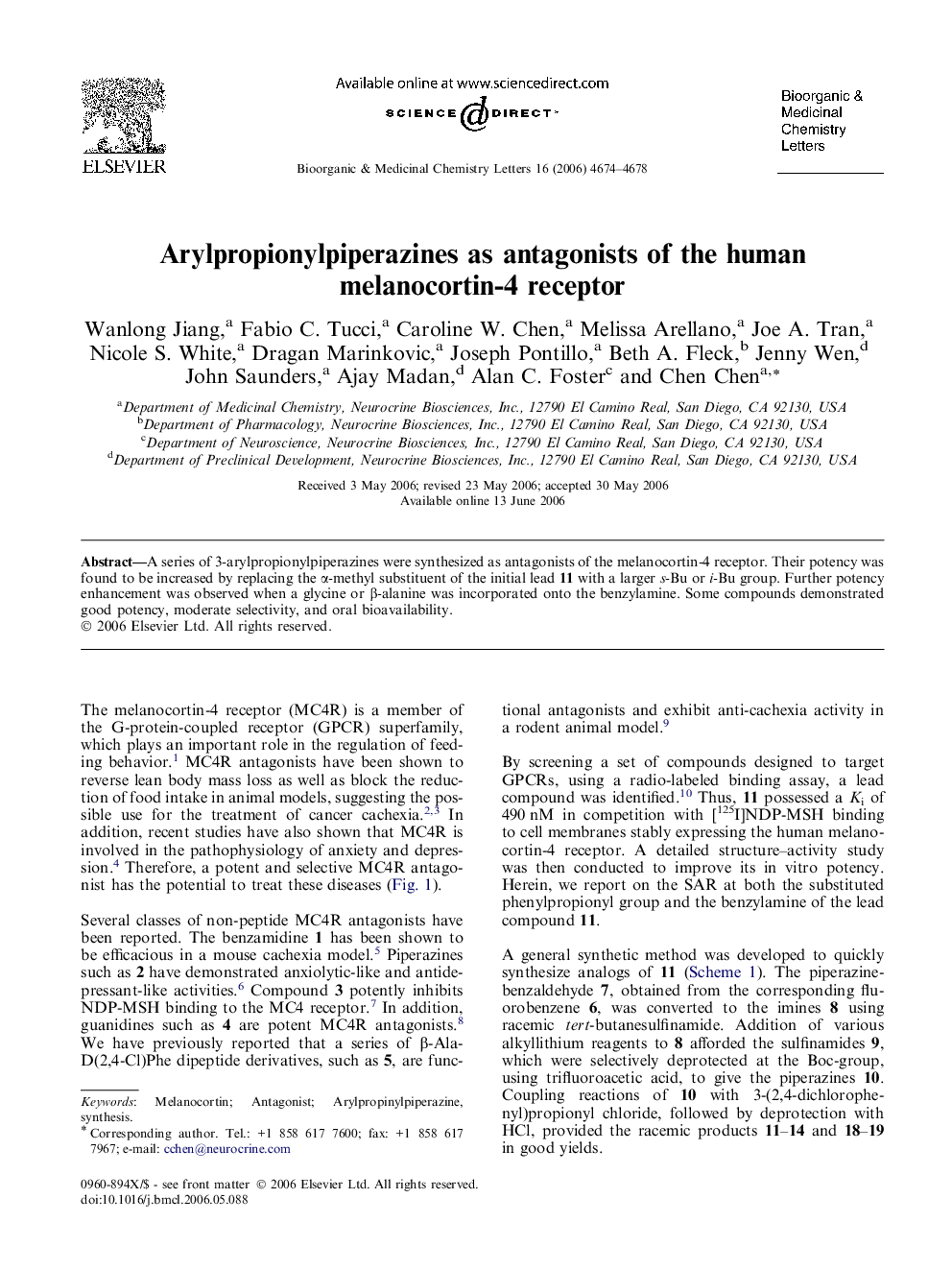 Arylpropionylpiperazines as antagonists of the human melanocortin-4 receptor