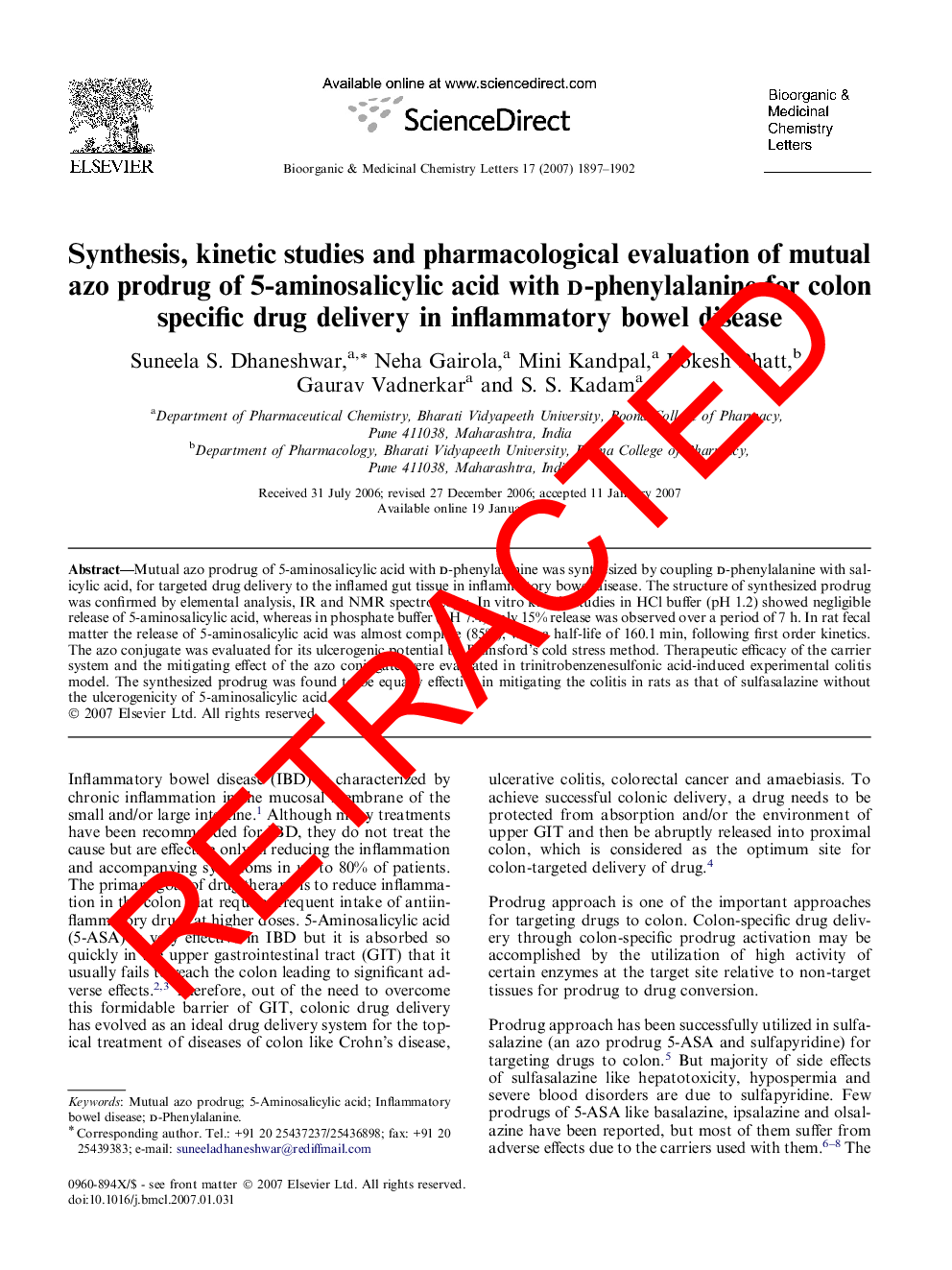 عکس صفحه اول مقاله: RETRACTED: Synthesis, kinetic studies and pharmacological evaluation of mutual azo prodrug of 5-aminosalicylic acid with d-phenylalanine for colon specific drug delivery in inflammatory bowel disease RETRACTED: Synthesis, kinetic studies and pharmacological evaluation of mutual azo prodrug of 5-aminosalicylic acid with d-phenylalanine for colon specific drug delivery in inflammatory bowel disease