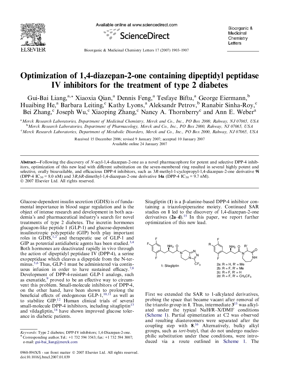 Optimization of 1,4-diazepan-2-one containing dipeptidyl peptidase IV inhibitors for the treatment of type 2 diabetes