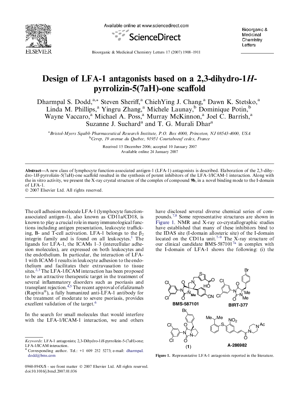 عکس صفحه اول مقاله: Design of LFA-1 antagonists based on a 2,3-dihydro-1H-pyrrolizin-5(7aH)-one scaffold Design of LFA-1 antagonists based on a 2,3-dihydro-1H-pyrrolizin-5(7aH)-one scaffold