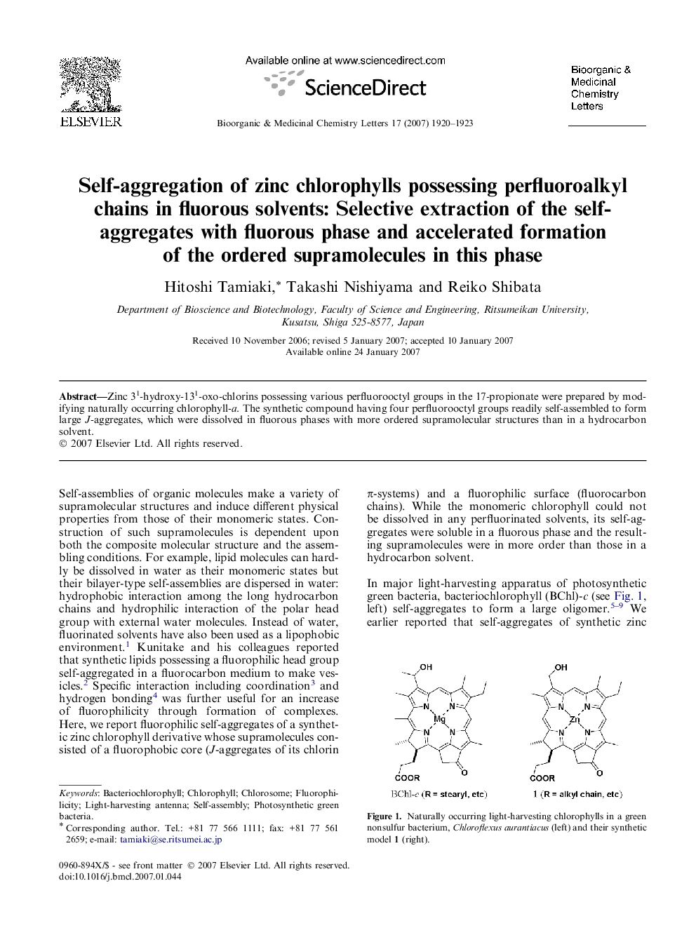 Self-aggregation of zinc chlorophylls possessing perfluoroalkyl chains in fluorous solvents: Selective extraction of the self-aggregates with fluorous phase and accelerated formation of the ordered supramolecules in this phase