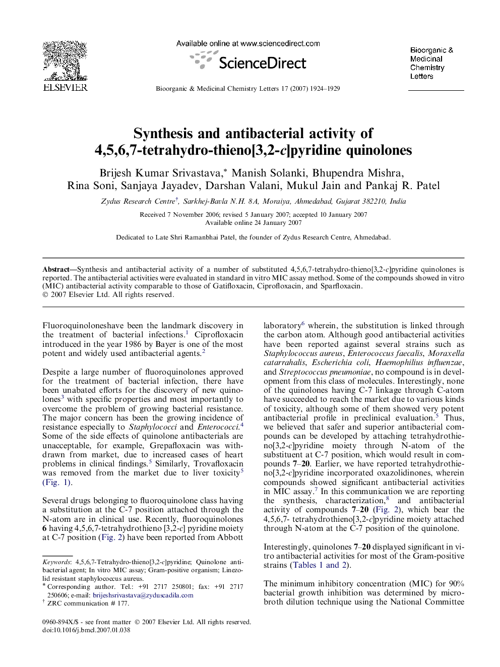 Synthesis and antibacterial activity of 4,5,6,7-tetrahydro-thieno[3,2-c]pyridine quinolones