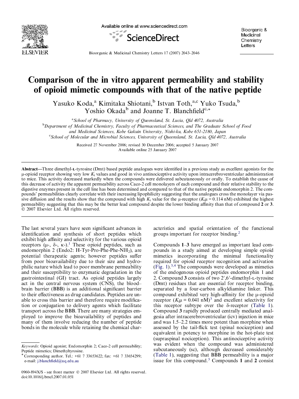 Comparison of the in vitro apparent permeability and stability of opioid mimetic compounds with that of the native peptide