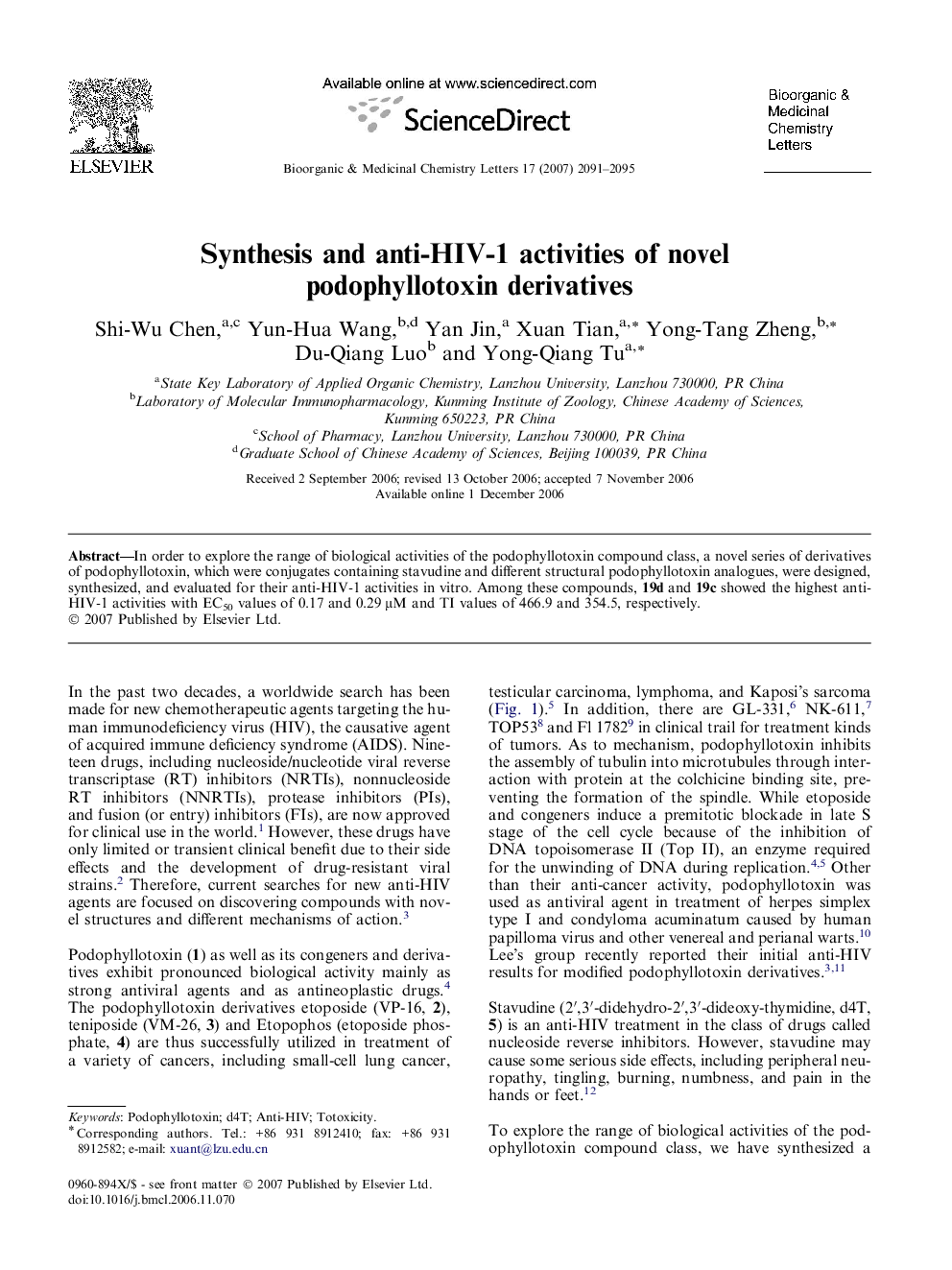 Synthesis and anti-HIV-1 activities of novel podophyllotoxin derivatives