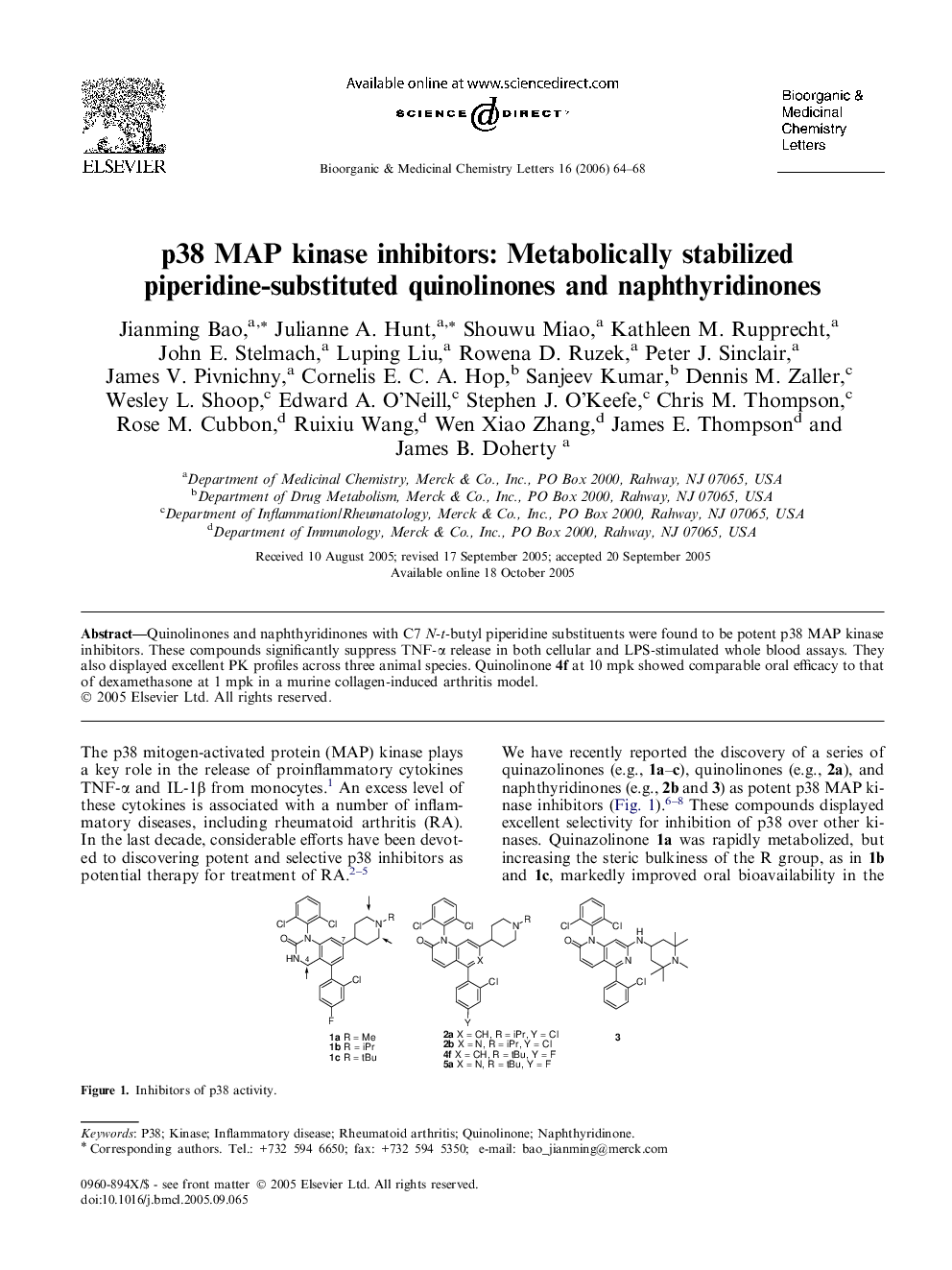 p38 MAP kinase inhibitors: Metabolically stabilized piperidine-substituted quinolinones and naphthyridinones