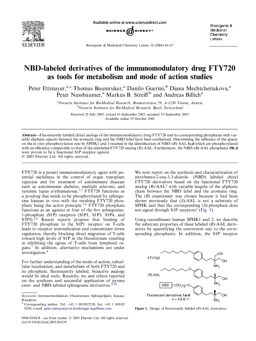 NBD-labeled derivatives of the immunomodulatory drug FTY720 as tools for metabolism and mode of action studies