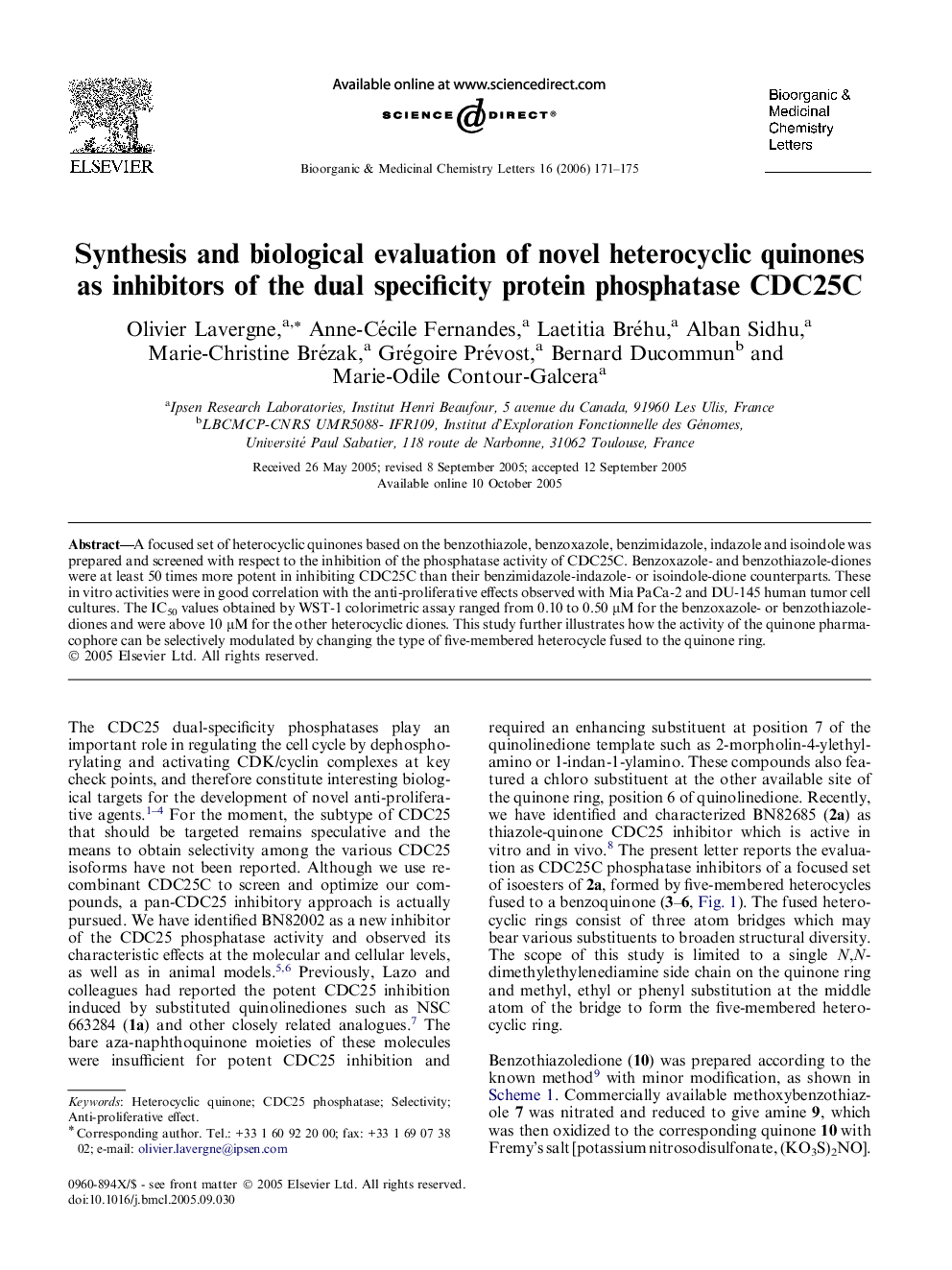 Synthesis and biological evaluation of novel heterocyclic quinones as inhibitors of the dual specificity protein phosphatase CDC25C