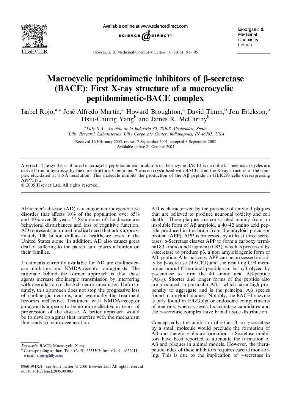 Macrocyclic peptidomimetic inhibitors of β-secretase (BACE): First X-ray structure of a macrocyclic peptidomimetic-BACE complex