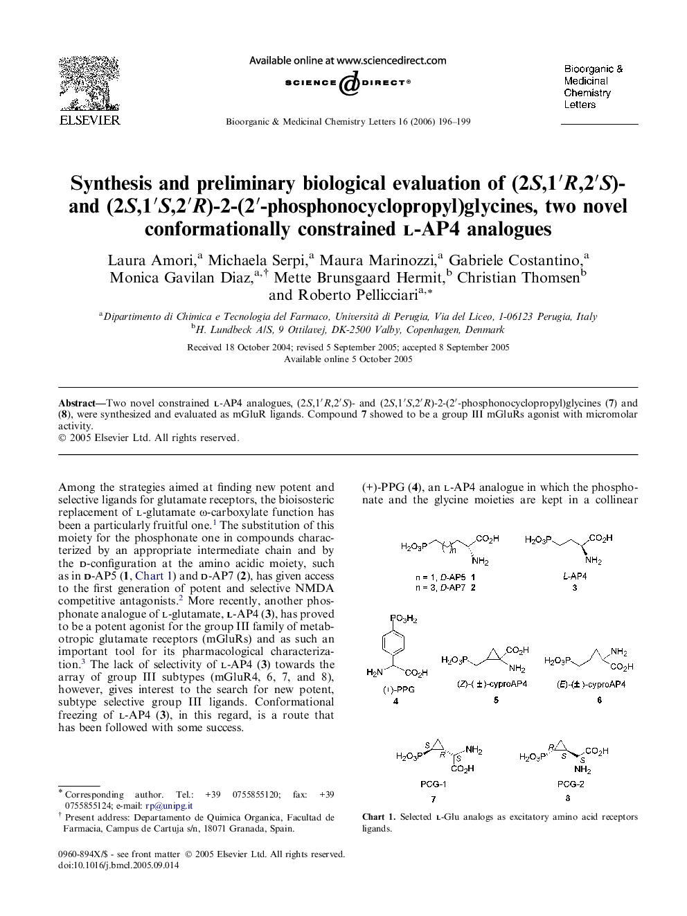 Synthesis and preliminary biological evaluation of (2S,1â²R,2â²S)- and (2S,1â²S,2â²R)-2-(2â²-phosphonocyclopropyl)glycines, two novel conformationally constrained l-AP4 analogues