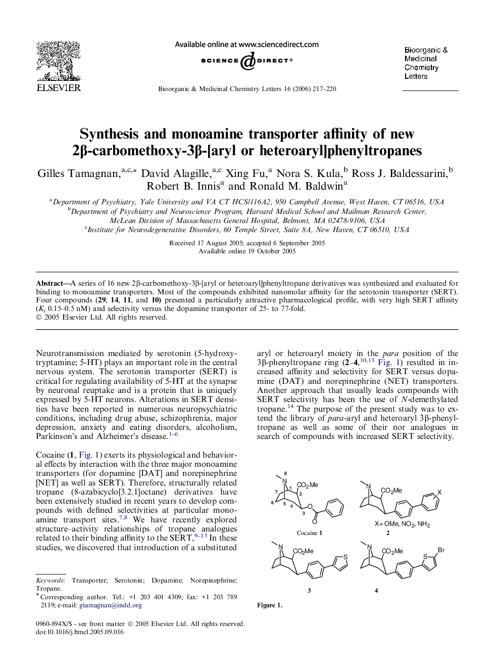 Synthesis and monoamine transporter affinity of new 2β-carbomethoxy-3β-[aryl or heteroaryl]phenyltropanes