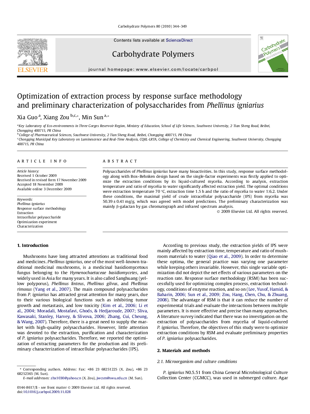 Optimization of extraction process by response surface methodology and preliminary characterization of polysaccharides from Phellinus igniarius