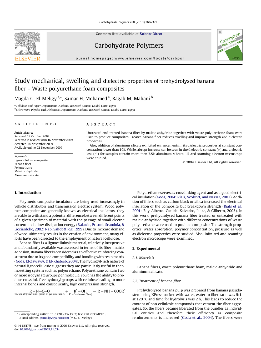 Study mechanical, swelling and dielectric properties of prehydrolysed banana fiber – Waste polyurethane foam composites