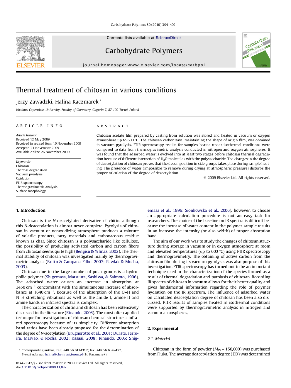 Thermal treatment of chitosan in various conditions