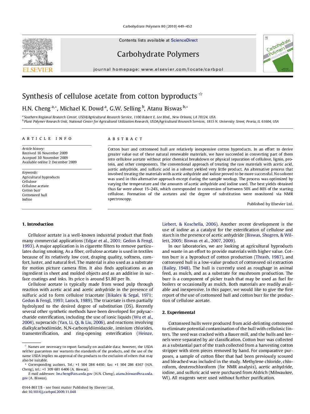 Synthesis of cellulose acetate from cotton byproducts 