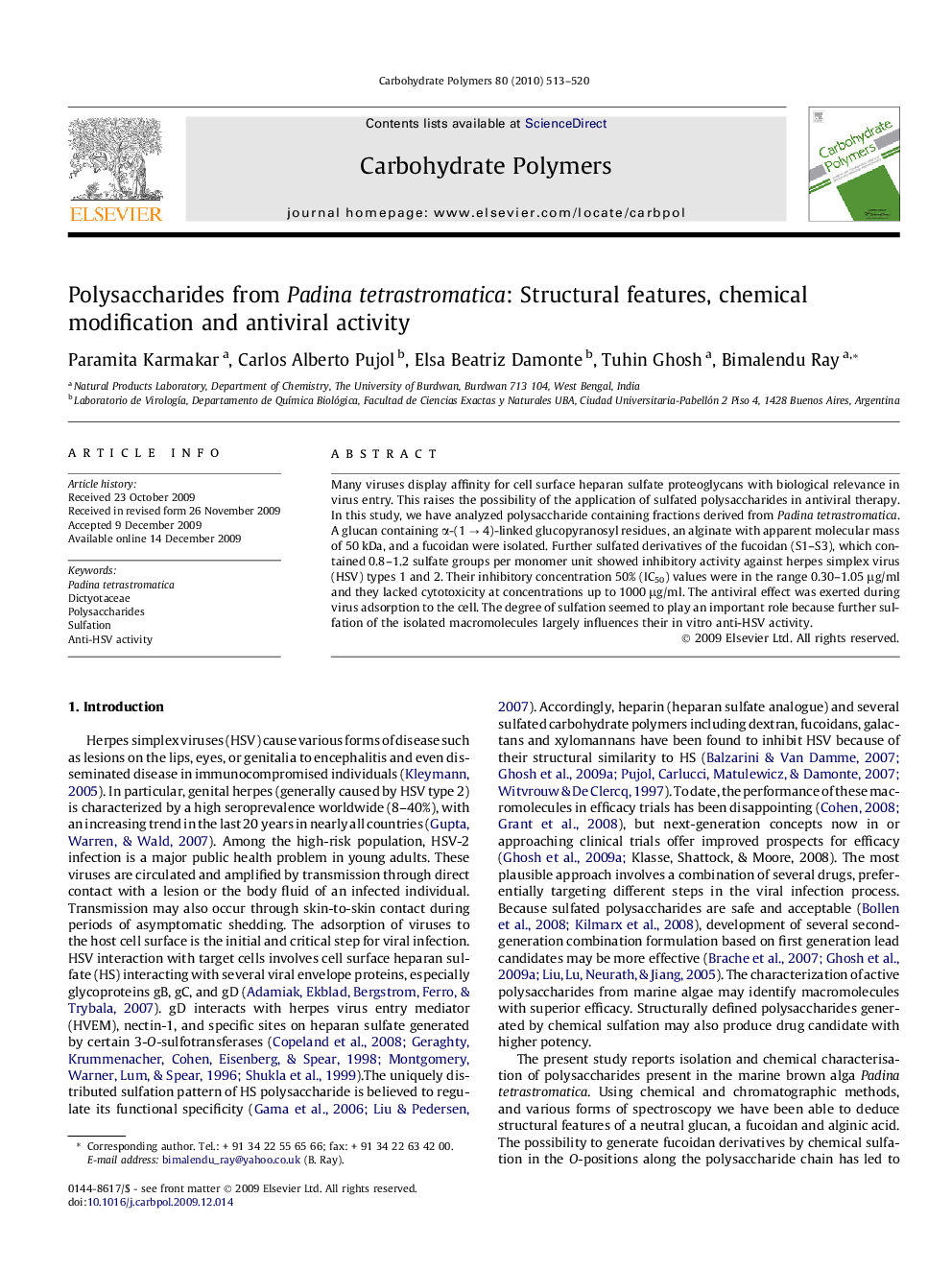 Polysaccharides from Padina tetrastromatica: Structural features, chemical modification and antiviral activity