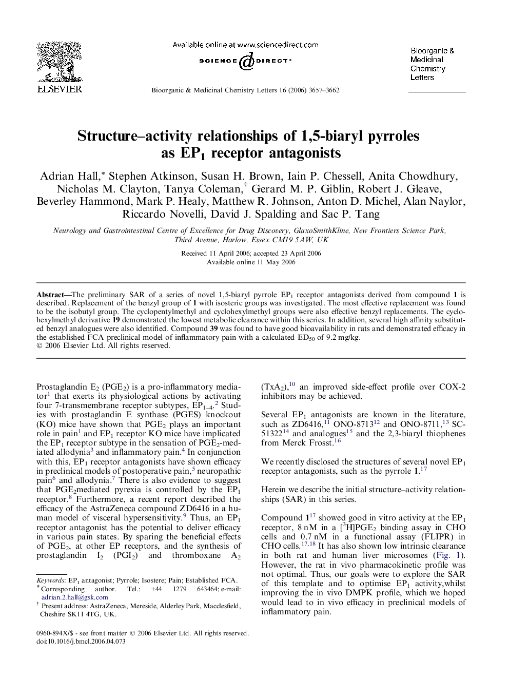 Structure–activity relationships of 1,5-biaryl pyrroles as EP1 receptor antagonists