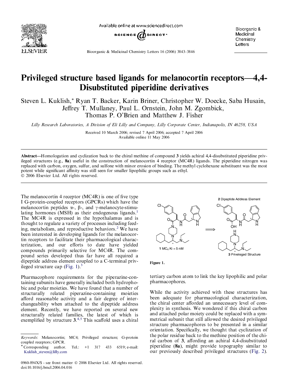 Privileged structure based ligands for melanocortin receptors—4,4-Disubstituted piperidine derivatives