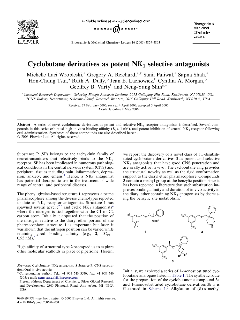 Cyclobutane derivatives as potent NK1 selective antagonists