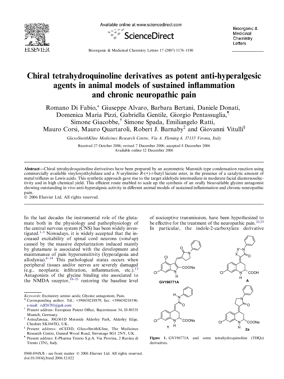عکس صفحه اول مقاله: Chiral tetrahydroquinoline derivatives as potent anti-hyperalgesic agents in animal models of sustained inflammation and chronic neuropathic pain Chiral tetrahydroquinoline derivatives as potent anti-hyperalgesic agents in animal models of sustained inflammation and chronic neuropathic pain