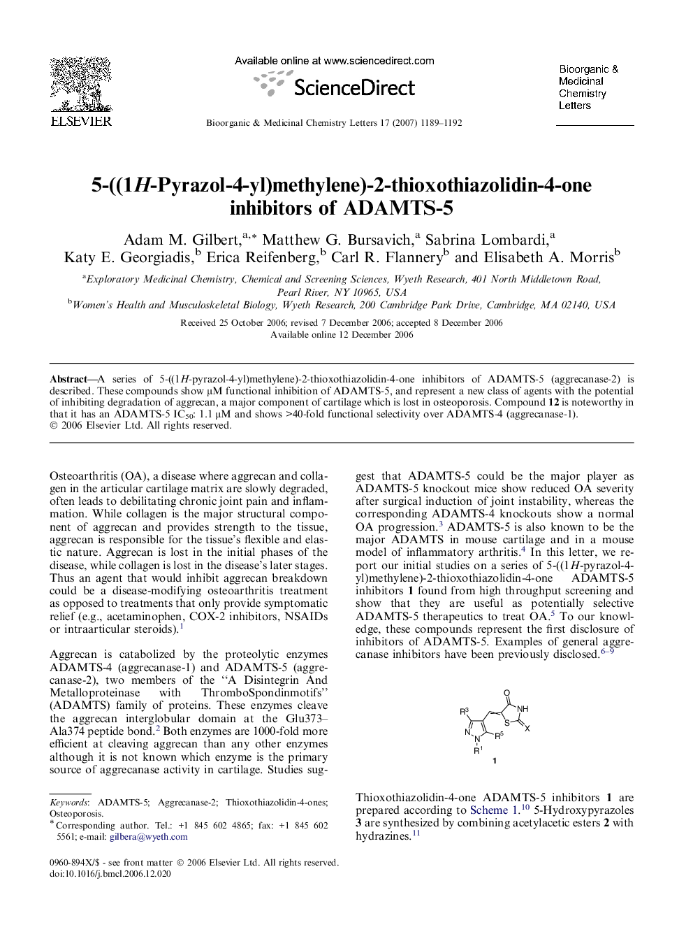 5-((1H-Pyrazol-4-yl)methylene)-2-thioxothiazolidin-4-one inhibitors of ADAMTS-5