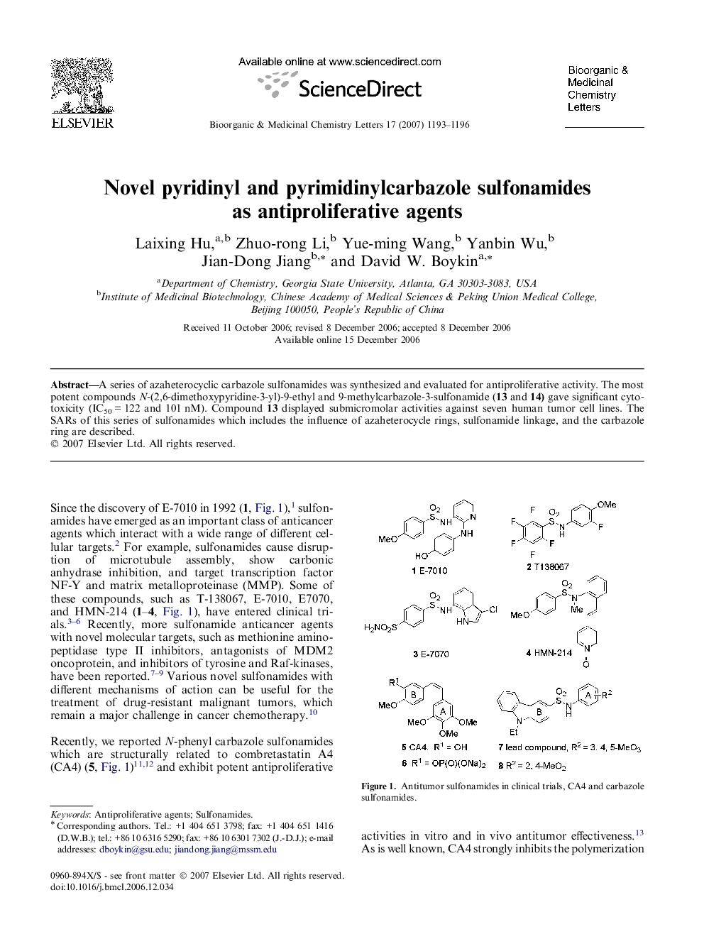 Novel pyridinyl and pyrimidinylcarbazole sulfonamides as antiproliferative agents