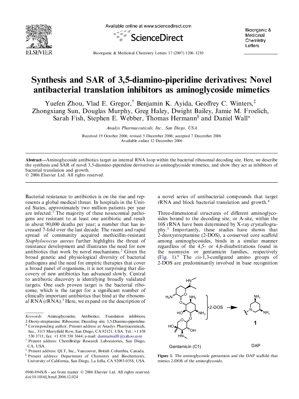 Synthesis and SAR of 3,5-diamino-piperidine derivatives: Novel antibacterial translation inhibitors as aminoglycoside mimetics