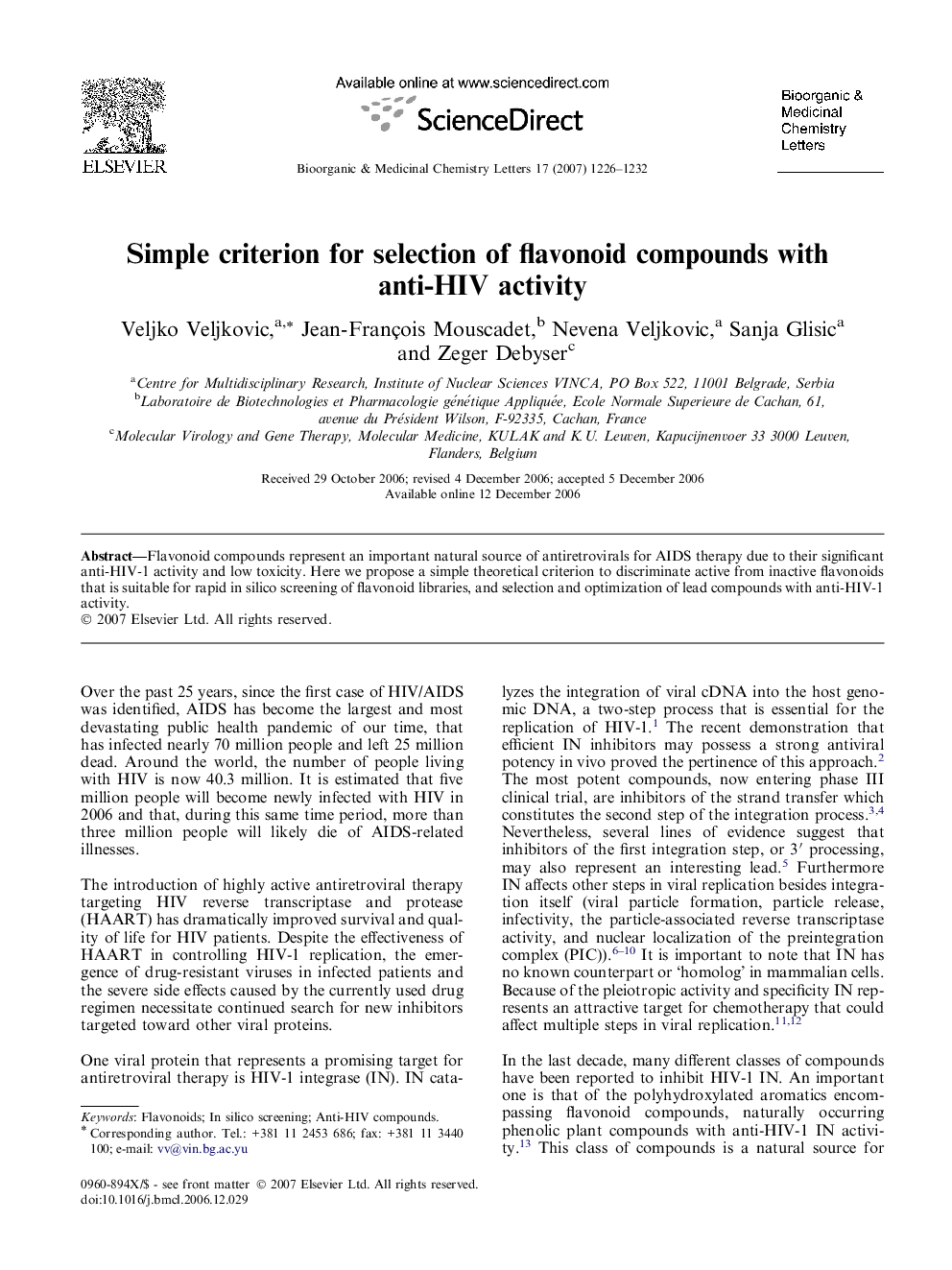 Simple criterion for selection of flavonoid compounds with anti-HIV activity