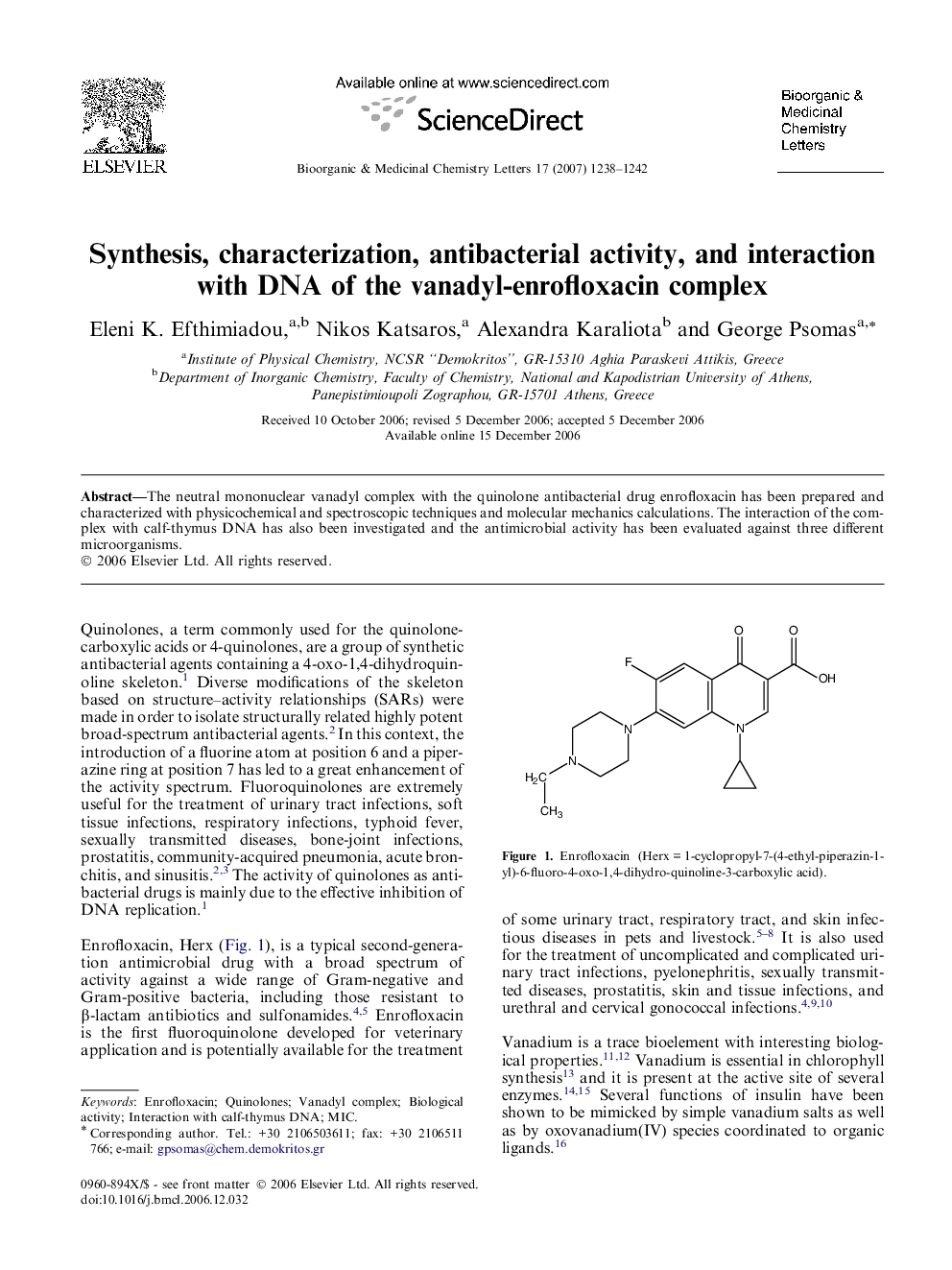 Synthesis, characterization, antibacterial activity, and interaction with DNA of the vanadyl-enrofloxacin complex