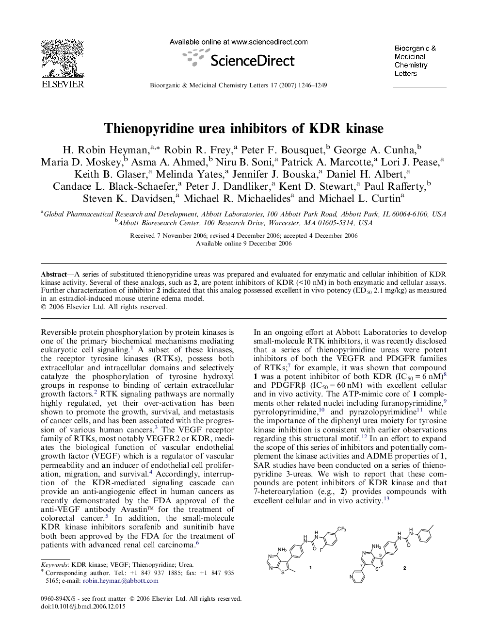 Thienopyridine urea inhibitors of KDR kinase