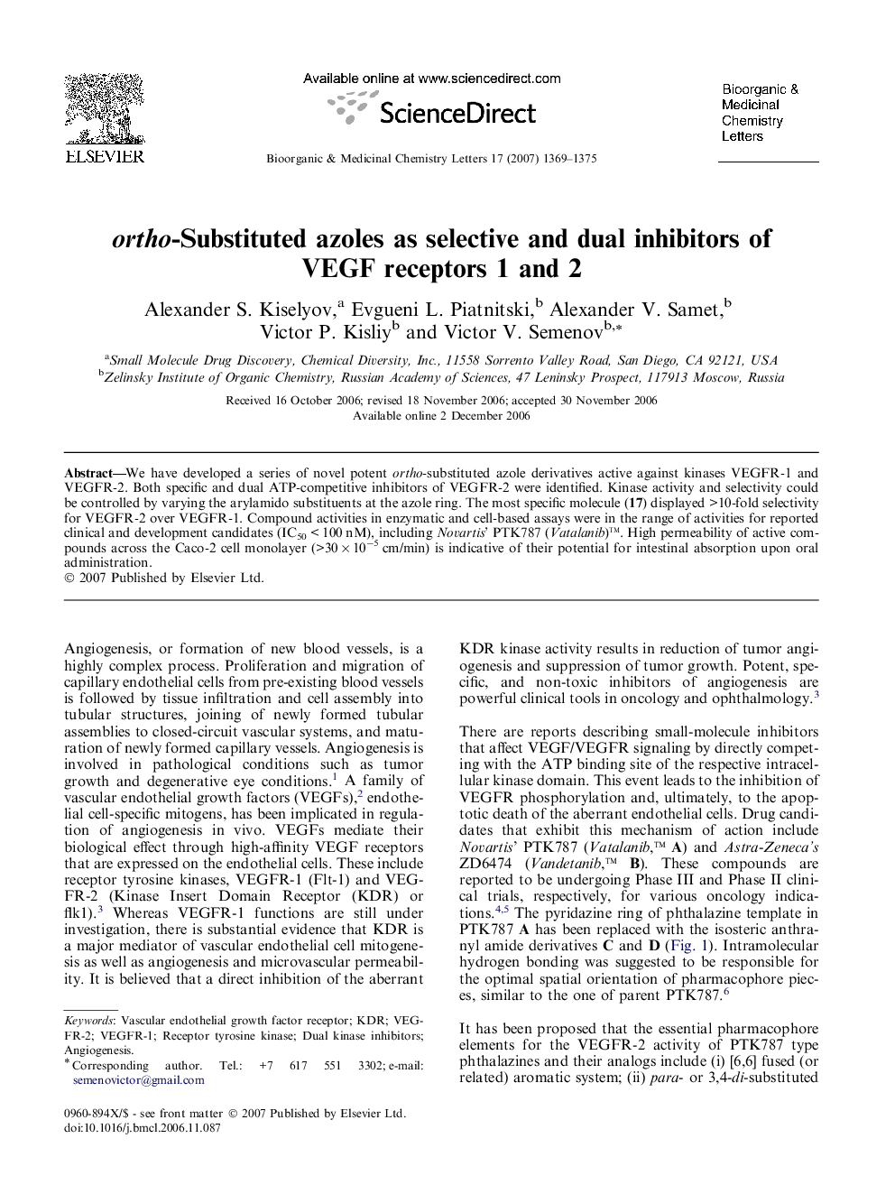 ortho-Substituted azoles as selective and dual inhibitors of VEGF receptors 1 and 2