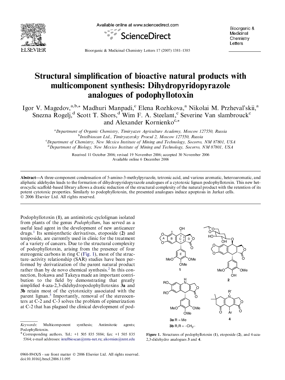 Structural simplification of bioactive natural products with multicomponent synthesis: Dihydropyridopyrazole analogues of podophyllotoxin