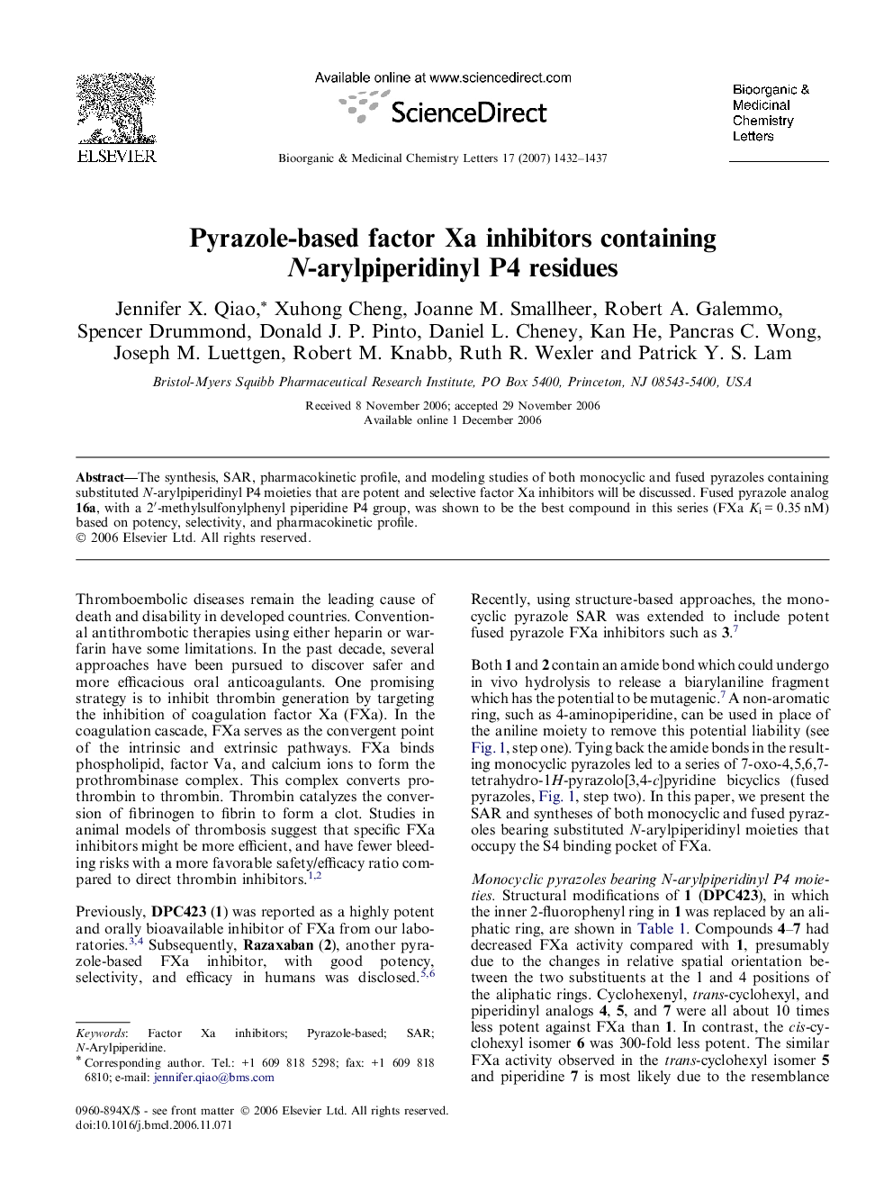 Pyrazole-based factor Xa inhibitors containing N-arylpiperidinyl P4 residues