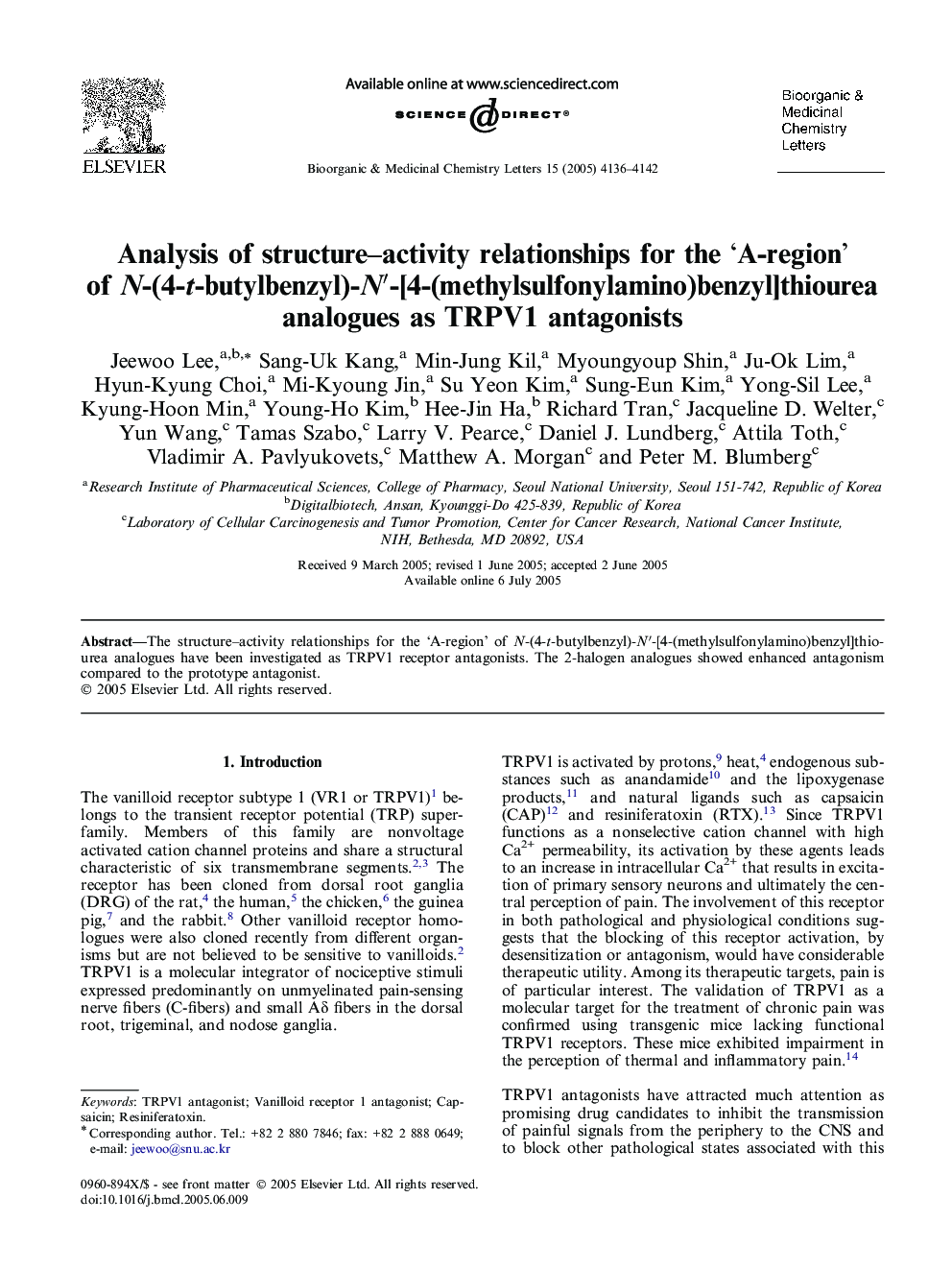 Analysis of structure–activity relationships for the ‘A-region’ of N-(4-t-butylbenzyl)-N′-[4-(methylsulfonylamino)benzyl]thiourea analogues as TRPV1 antagonists