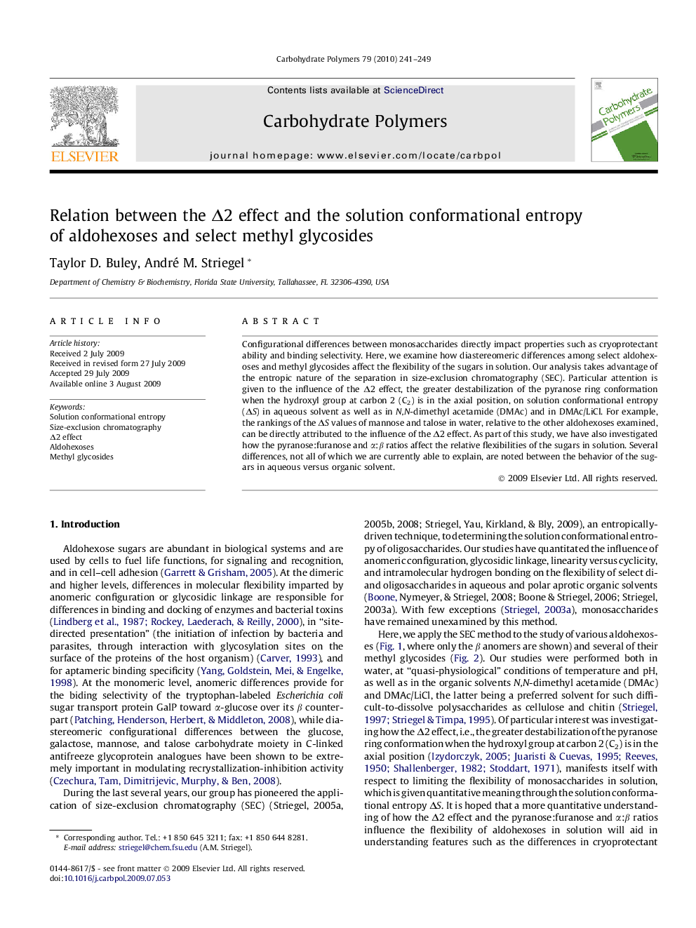 Relation between the Î2 effect and the solution conformational entropy of aldohexoses and select methyl glycosides