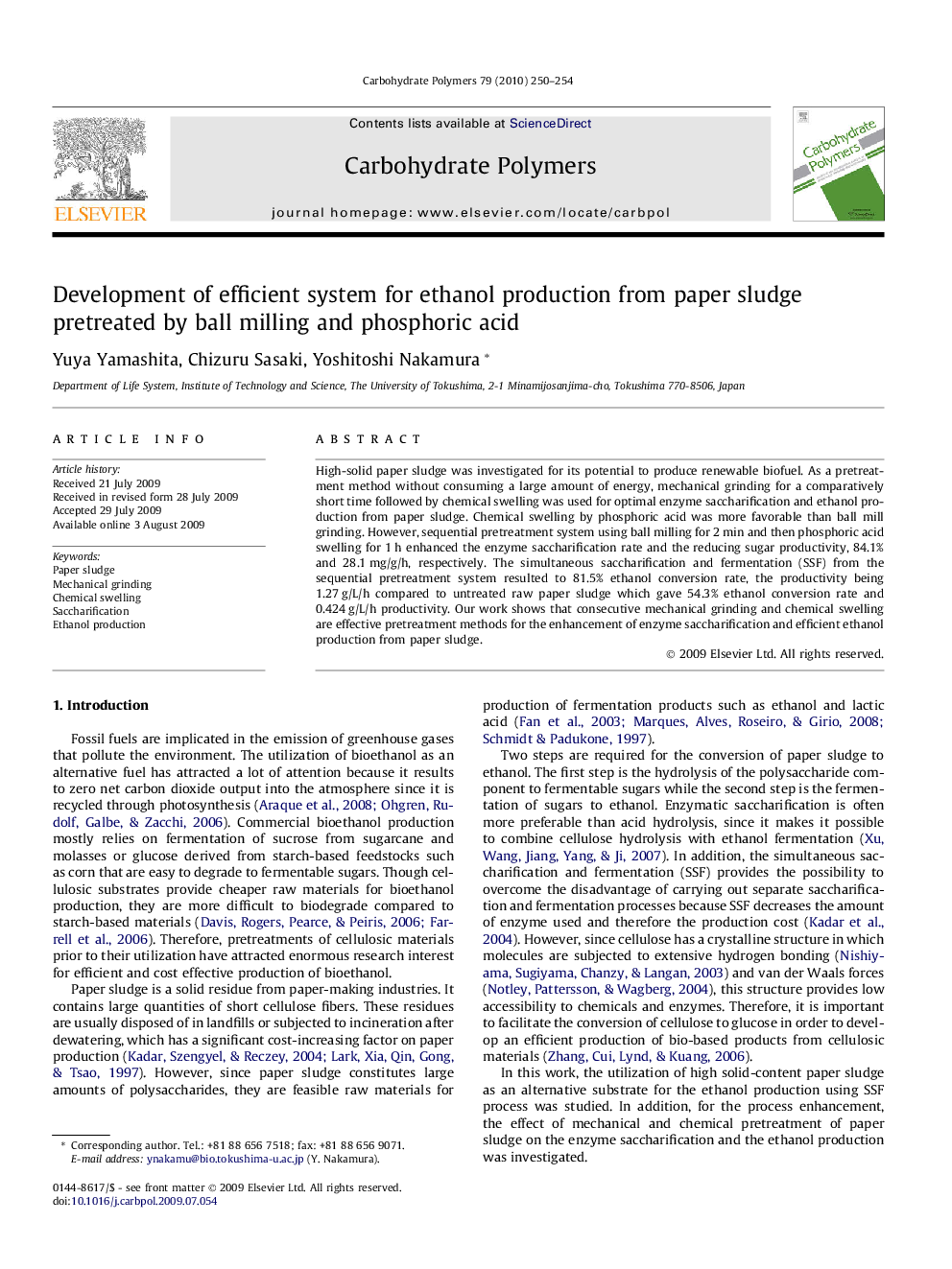 Development of efficient system for ethanol production from paper sludge pretreated by ball milling and phosphoric acid