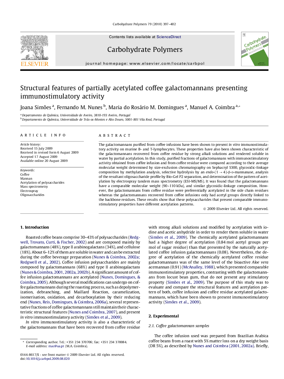 Structural features of partially acetylated coffee galactomannans presenting immunostimulatory activity