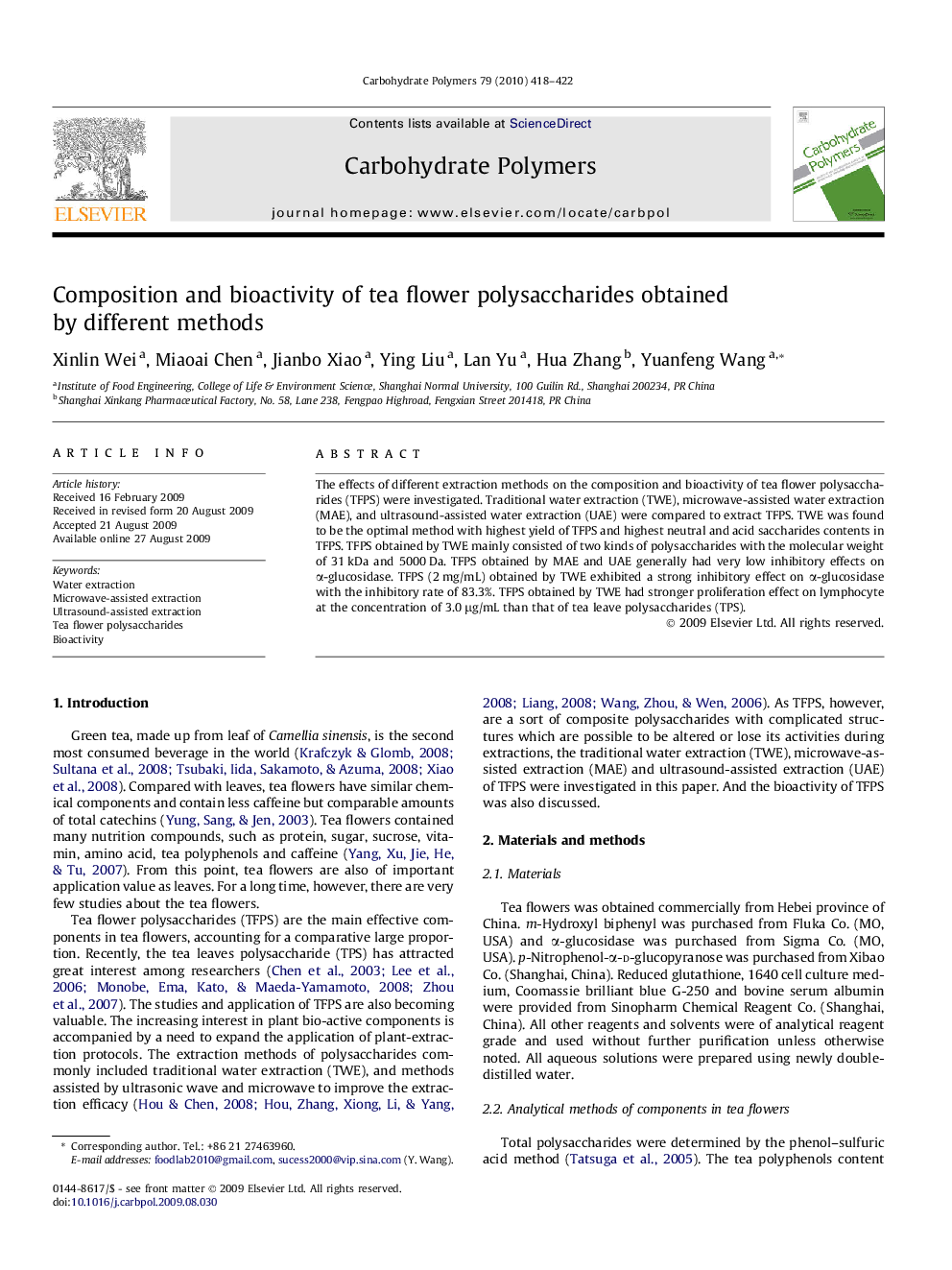 Composition and bioactivity of tea flower polysaccharides obtained by different methods